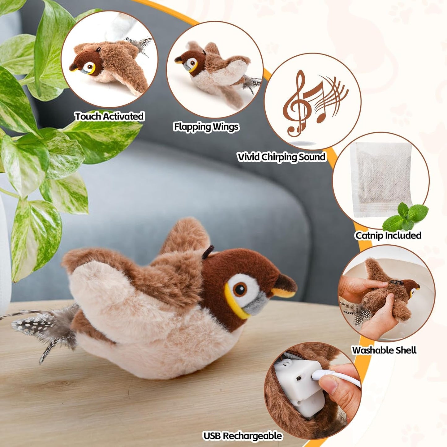 Rechargeable Interactive Chirping & Flapping Toy for Pets