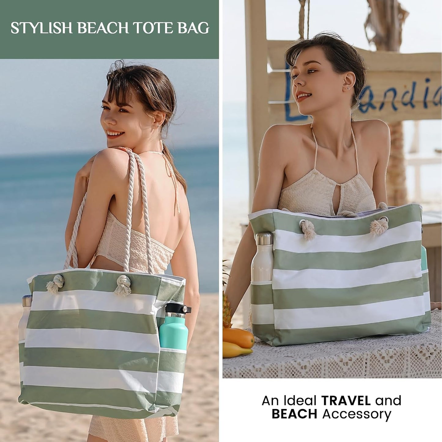Beach Bliss | Large Waterproof Beach Tote Bag with Zipper | Sandproof Design for Easy Summer Outings