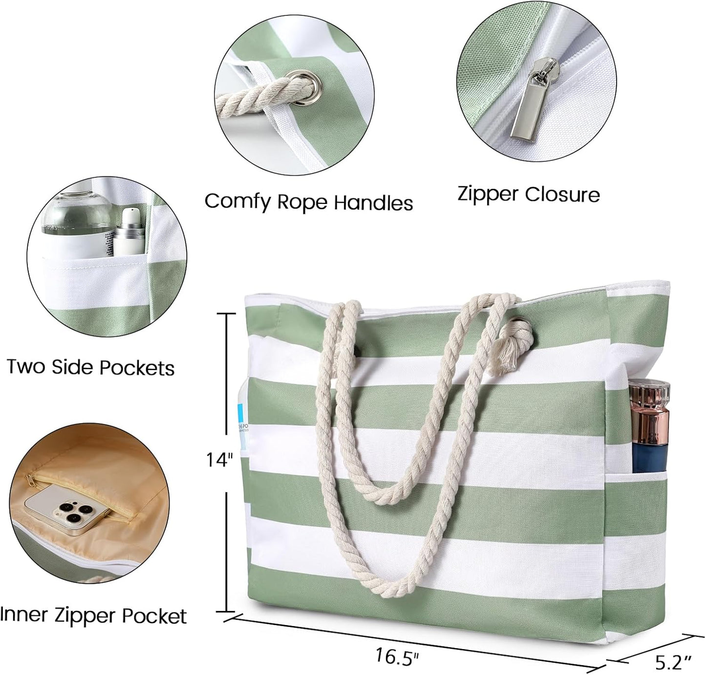 Beach Bliss | Large Waterproof Beach Tote Bag with Zipper | Sandproof Design for Easy Summer Outings